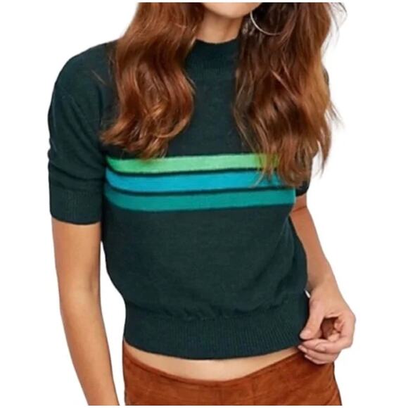Free People Way Back Retro Striped Mock Neck Cropped Sweater Top XS - Picture 1 of 10